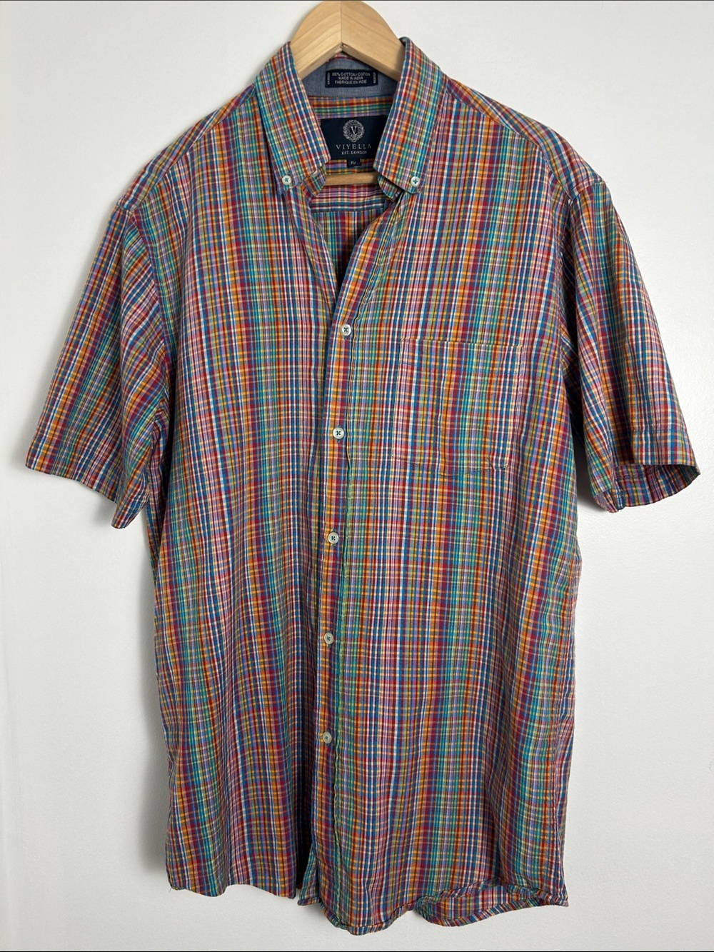 Viyella Multicolor Plaid Button Down Shirt Short Sleeve Cotton Mens Medium